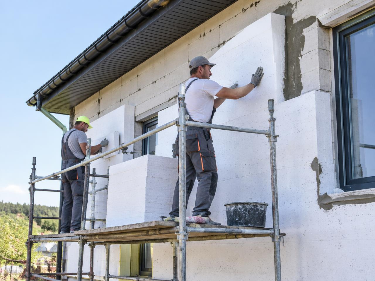 Ouvriers posant des panneaux d'isolation thermique extérieure sur une façade