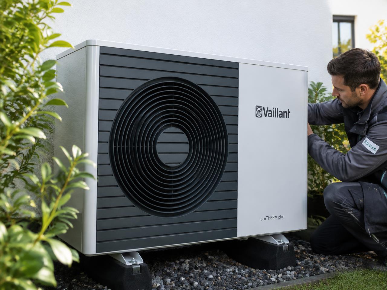 Pompe à chaleur air/eau installée contre la façade d'une maison